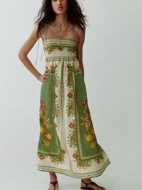 H&M Green and Cream Floral Lemon-Print Maxi Dress